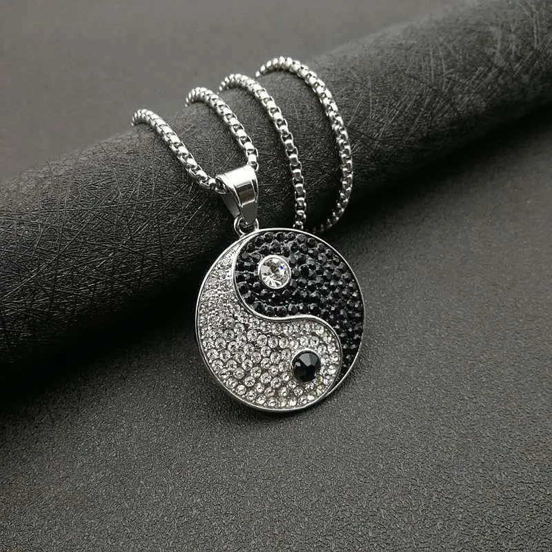Hip Hop Iced Out Bling Gossip Yin Yang Aumlet Pendant Necklace Gold Silver Color Stainless Steel Chains For Women Men Jewelry image 5