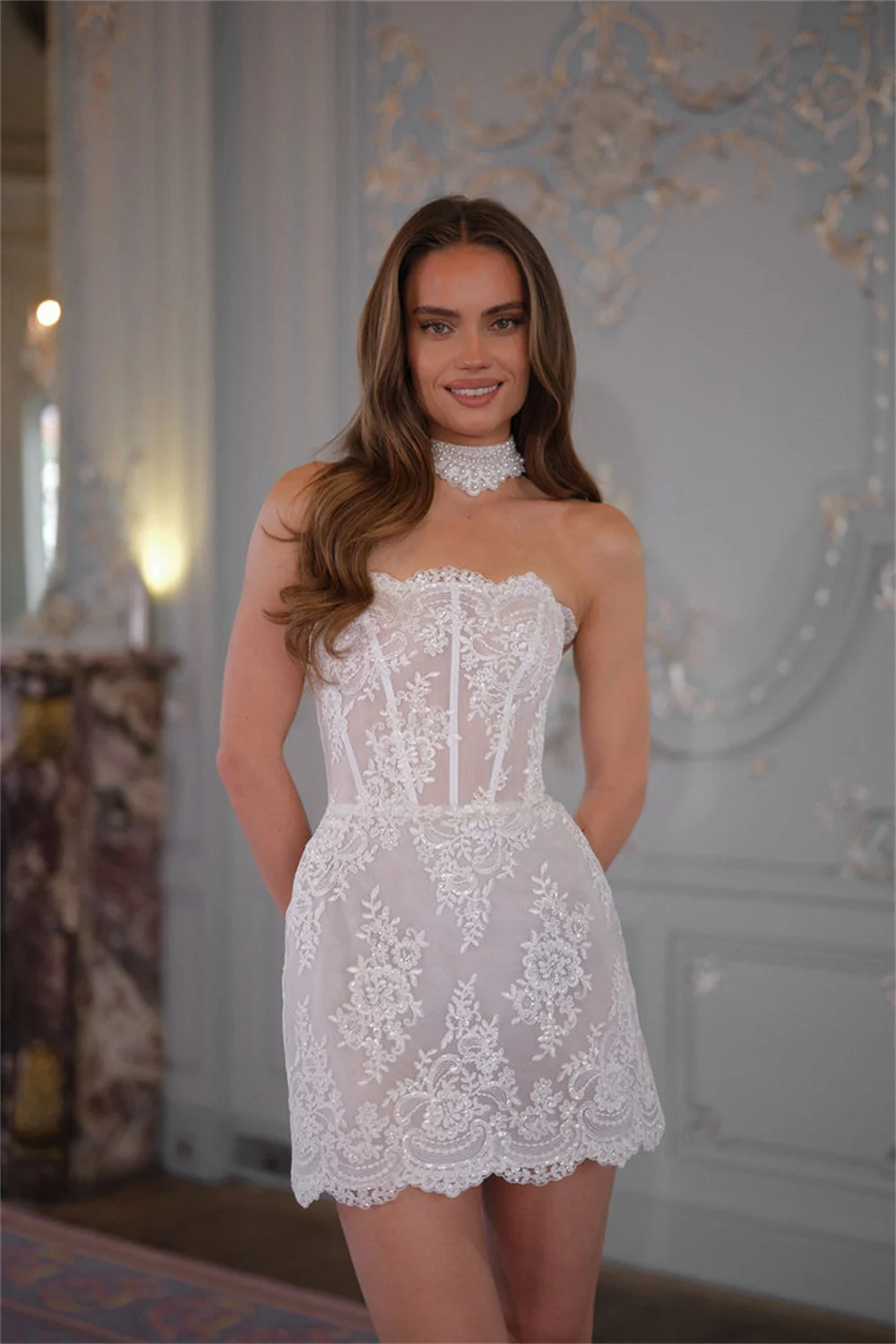 Kyoto personalizado sem alças rendas apliques vestido de casamento lindo marfim mini vestidos de novia rendas voltar após vestidos de festa