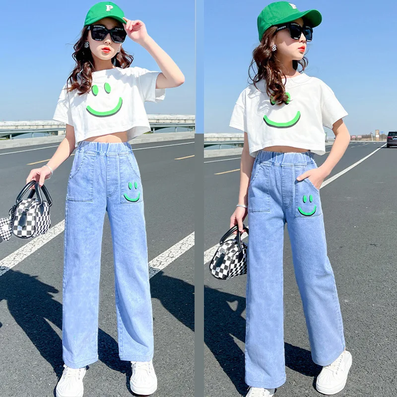 2PCS 2024 Summer teens Girls Clothes Sets Outfits Kids crop top T-shirt + demin Pants jeans Child tracksuit 6 8 10 12 14 Year