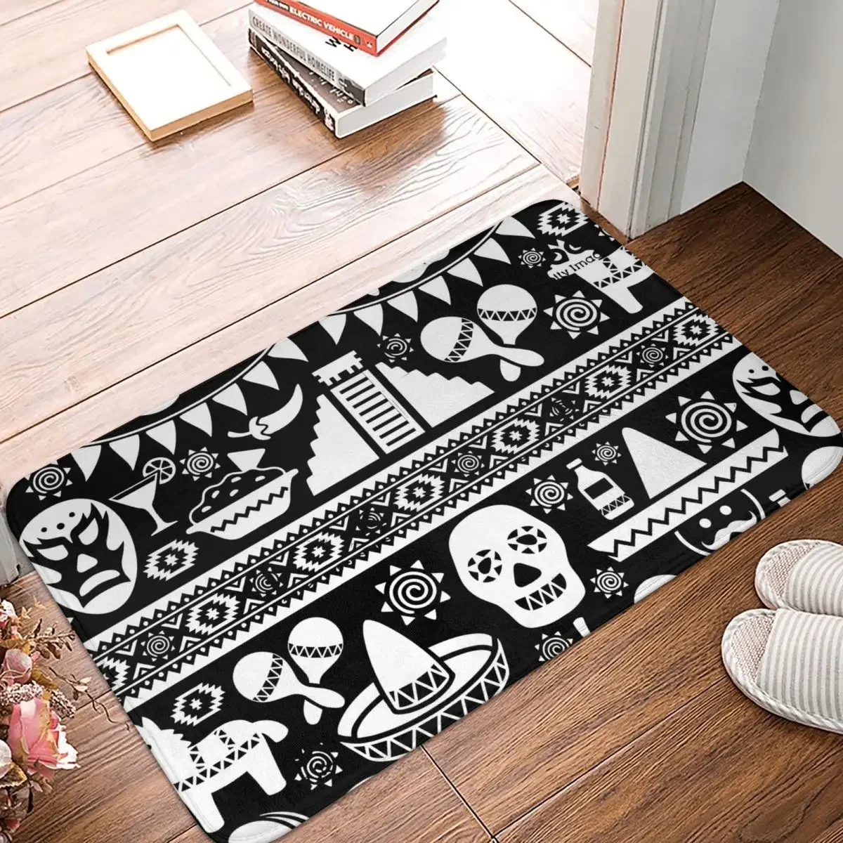 Anti-Slip Rug Doormat Living Room Mat Mexican Pattern Sombrero Skull Dﾙa De Los Muertos Hallway Carpet Entrance Door Decorative