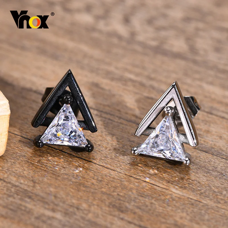 Vnox Punk Stud Earrings for Men, Triangle AAA CZ Stone Earrings, Geometric Stainless Steel Cool Rock Boy Ear Jewelry