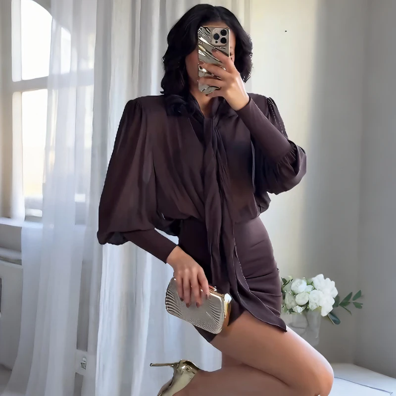 

Tsiisd Fashion Backless Pleats Mini Dress For Women Bow Lace-Up Streetwear Patchwork Commuting 2026 Bodycon Dress Women's Dress