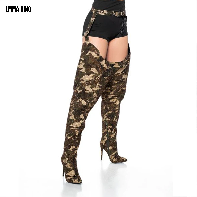 Women Over The Knee Thigh High Long Boots Lady Fashion Waist Belt Thin High Heels Pointed Toe High Crystal Camouflage Boots