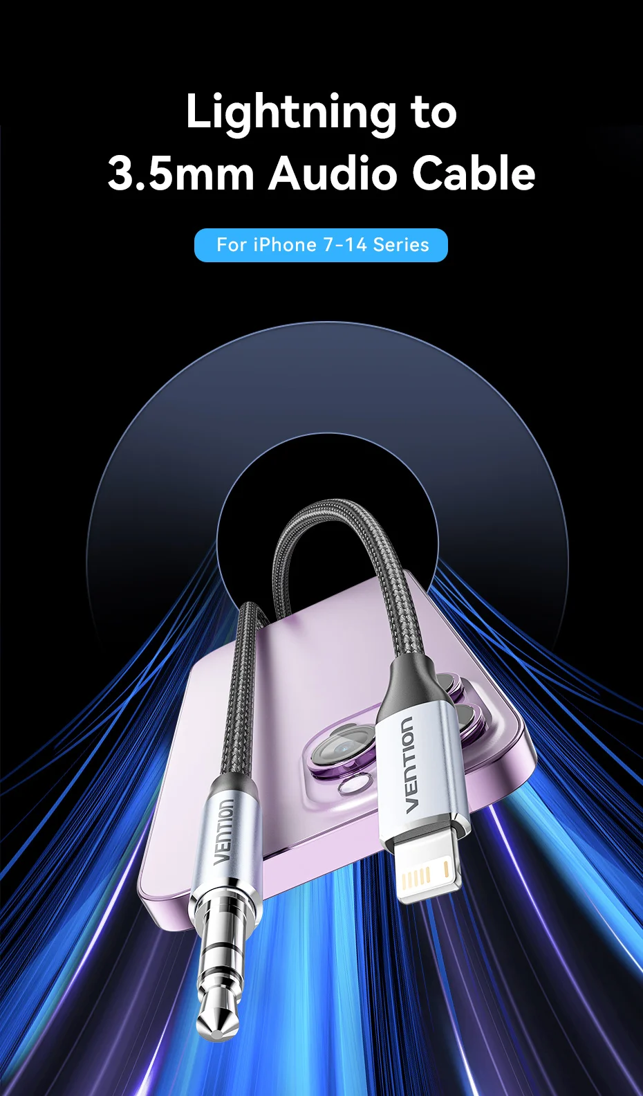 Vention Audio-Adapter für Lightning auf 3,5 mm Kopfhörer-Adapter, DAC-Audio-Musikkabel für iPhone 14, 12 Pro Max, Xr, Aux-Kabel, Telefon – Detail 1
