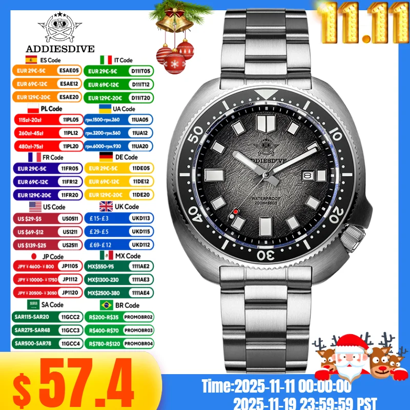 

ADDIESDIVE Men's Luxury Watch 20Bar Waterproof Display AD2511 Sapphire Glass Reloj Hombre BGW9 Super Luminous Quartz Watches