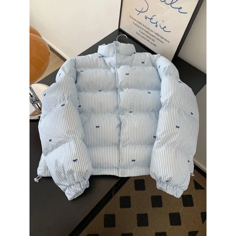 Women's Winter Tops Jacket Cotton Coat Striped Bow Thickened Warm Vintage Simple Comfortable Leisure Fashion New Niche Versatile