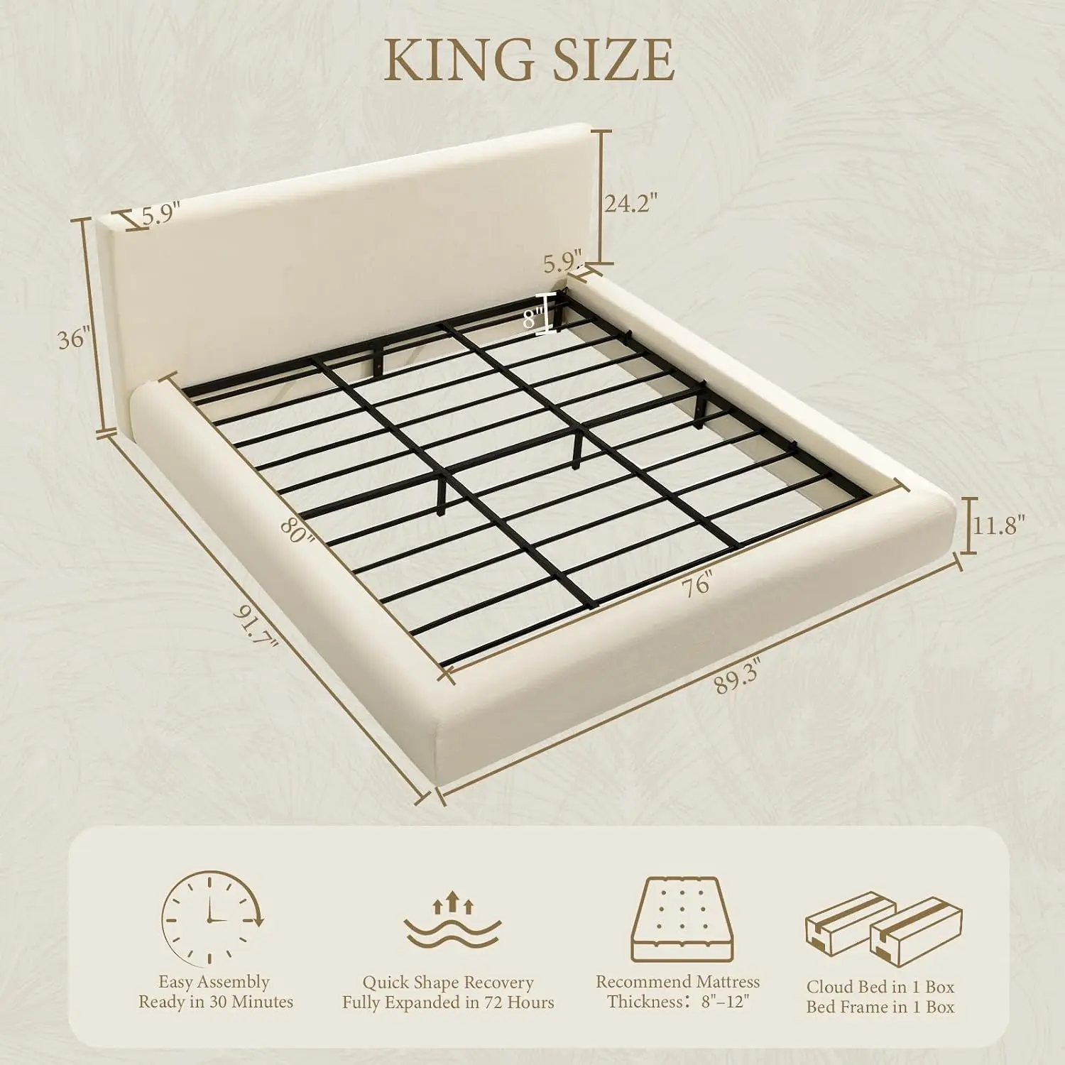 King Cloud Bed Frame, Upholstered Platform Bed Frame with Headboard, 5.9