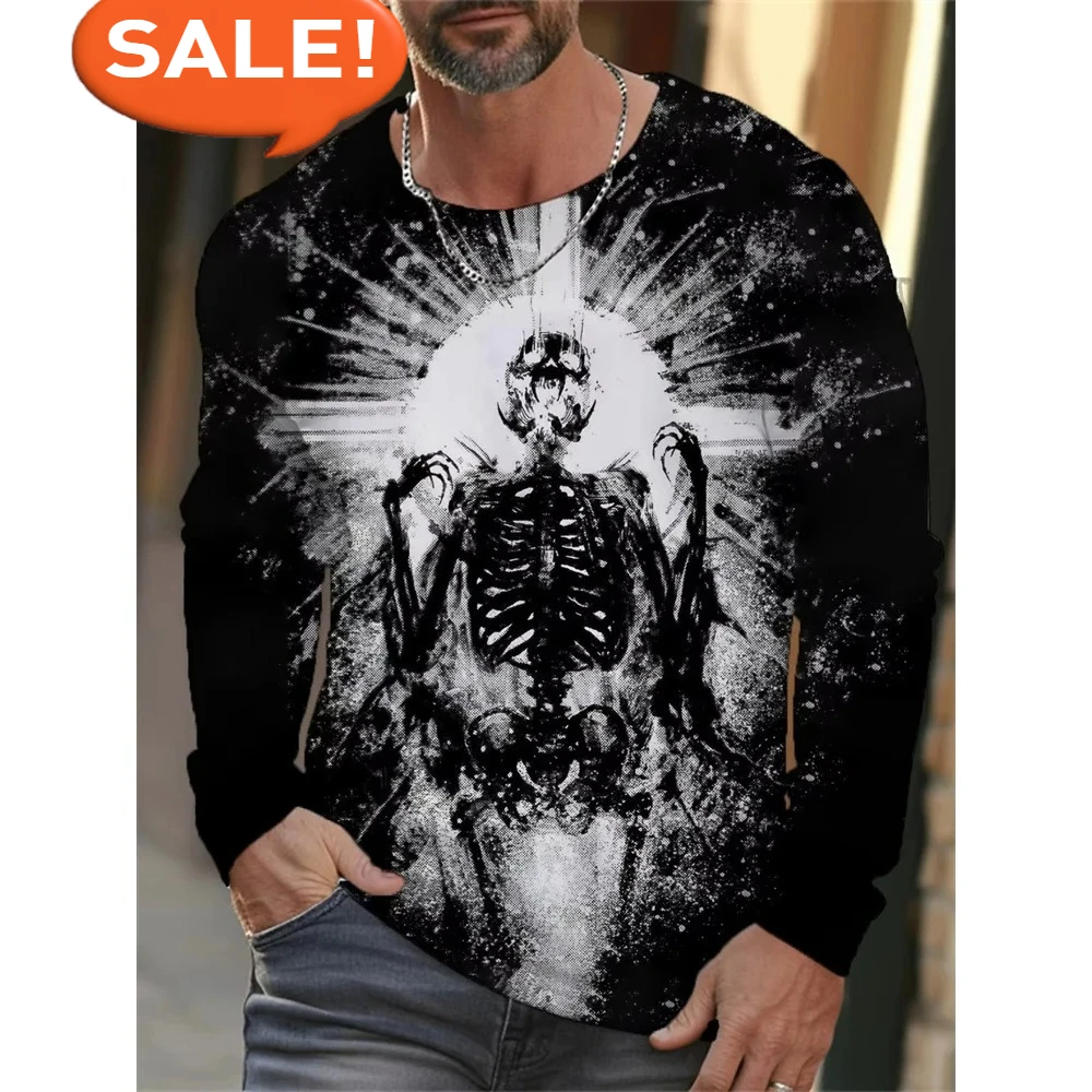 

New Fashion Skull Print T shirt Men Gothic Men's Clothing Y2k Round Neck Long Sleeve T-shirt Skull Graphic T shirts Street Tops