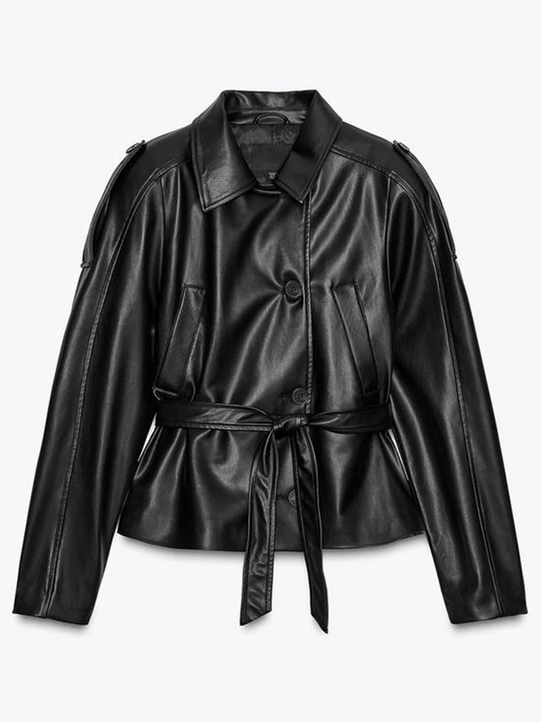 Ele ort Mantel Jaet Damen Schlankheits-Kunstleder Lange Sve Gürtel Oberbekleidung Faionable Herbst Polyesterfaser