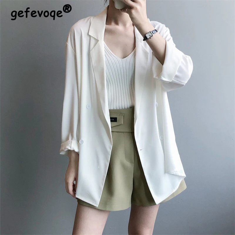 Women Korean Fashion Minimalist Black White Chic Suit Jacket Office Lady Business Casual Long Sleeve Loose Blazers Ropa De Mujer