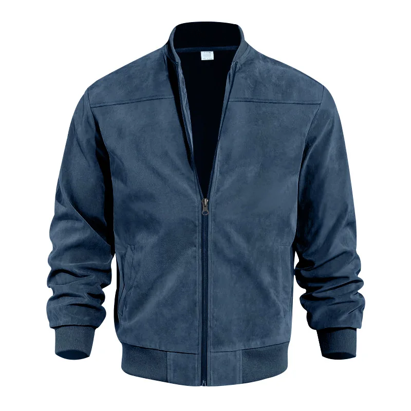 Spring Autumn Vintage Mens Casual Jackets Suede Bomber Outwear Solid Stand Collar Long SLeeve Zippers Baseball Jacket Coats Man