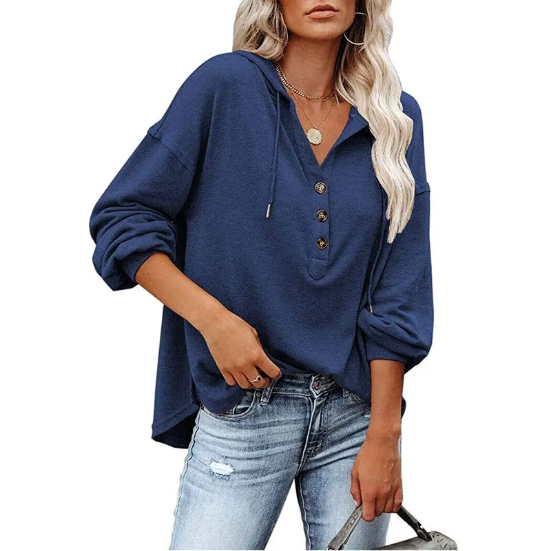 New Spring Autumn European American Loose V-neck Long Sleeved Hoodie for Women Commuting Fashion Solid T-shirt Casual Top