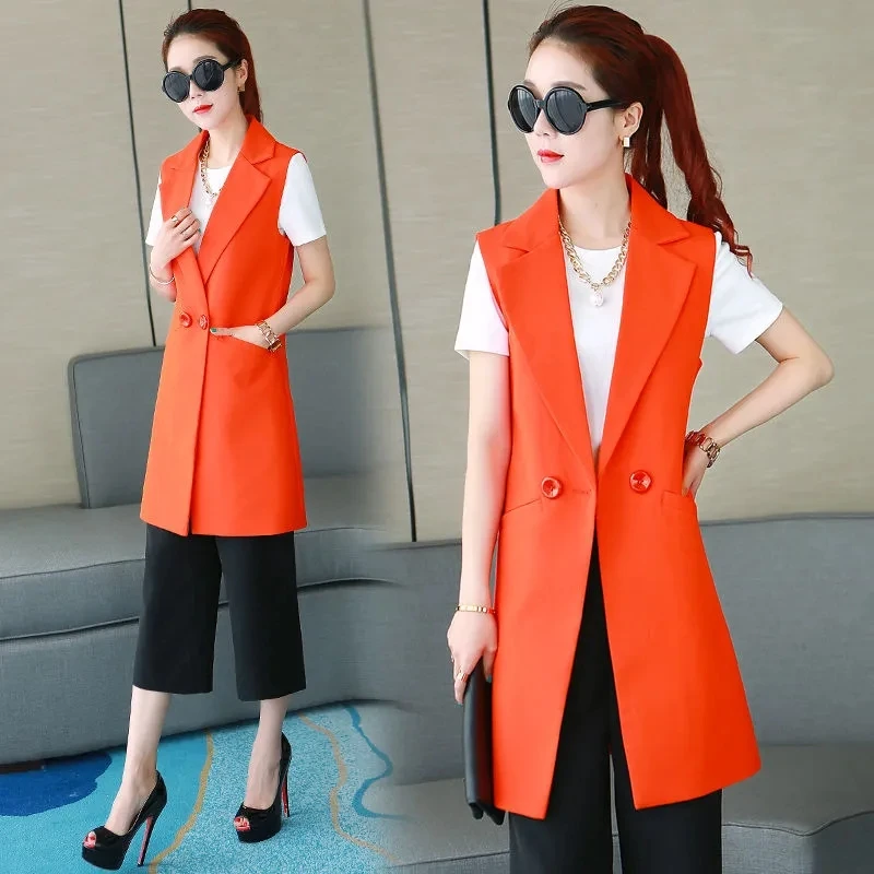 2023 Spring Autumn New Suit Vest Jacket Women\'s Slim Sleeveless Coat Fashion Trend Female Temperament Stripe Long Waistcoat Tops