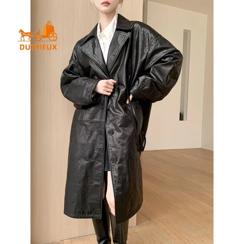 2025 New Autumn Women's Trench Coat Style Mid-length Genuine Leather Jacket, 100% Genuine Sheepskin, Women's Loose Fashion Coat
