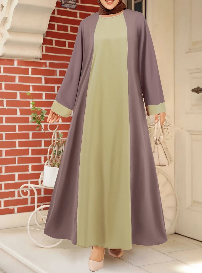 

Muslim Women's Dress Summer New Daily Middle Eastern Women's Robe Loose Temperament Contrasting Color Round Neck Elegant Dresses