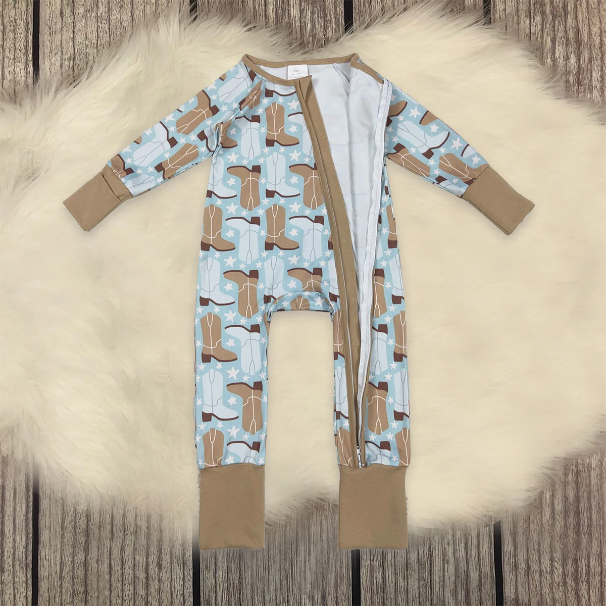 

Wholesale Newborn Baby Boy Toddler Western Boots Stars Long Sleeve Two Way Zipper Sleepers Romper Kids Children Infant One Piece