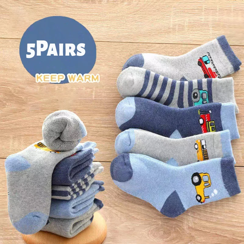 5 Pairs Children's Socks for Autumn/Winter, Thickened Plush Warm Mid Tube Socks for Boys, Cute Cartoon Car Warm Loop Socks
