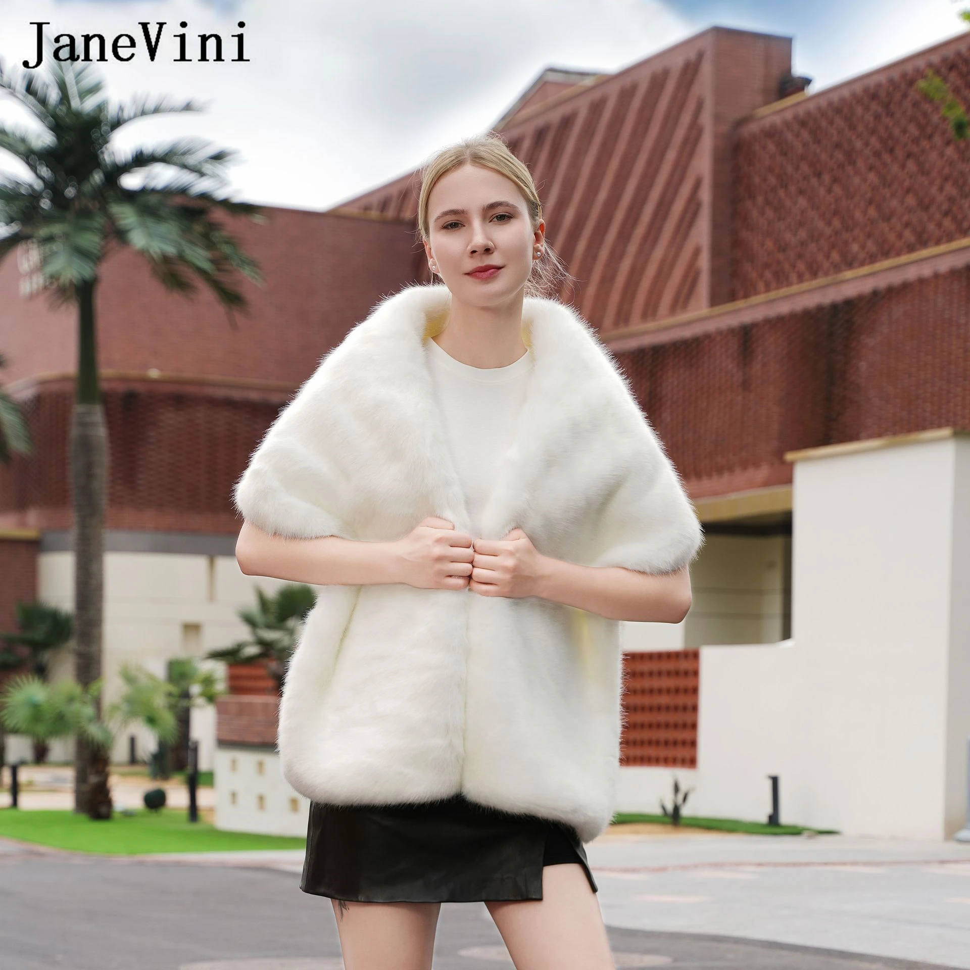 

JaneVini Hot Sale Winter Faux Fur Bridal Shawl Bolero Mariée Ivory Warm Women Evening Dress Wraps Wedding Cape Cloak Bride Stole