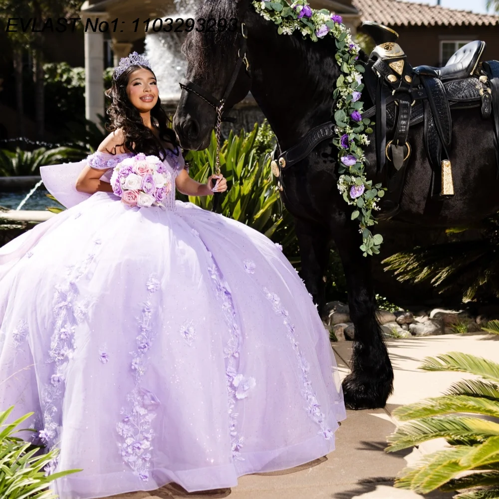 EVLAST Customized Glitter Lavender Ball Gown Quinceanera Dress Floral Applique Beading Bow Sweet 16 Vestidos De 15 Anos E1QN290