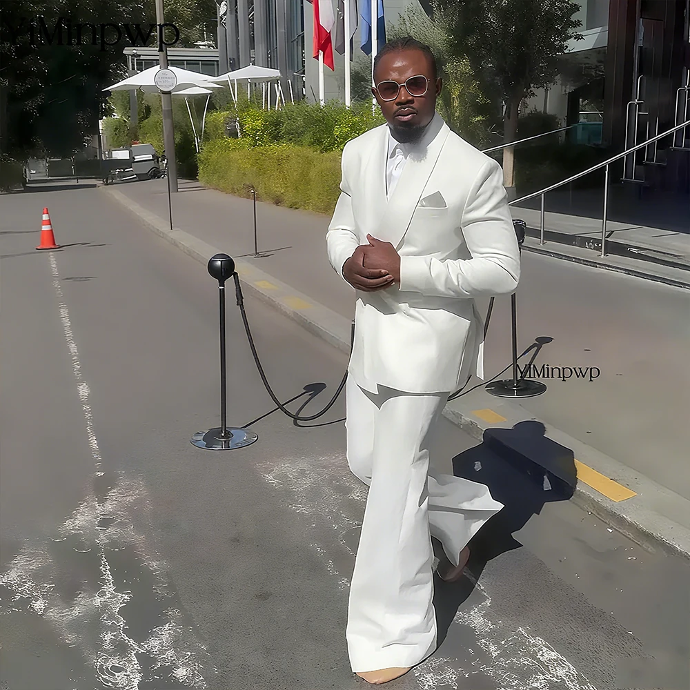 

White Men's High-Quality 2PCS Business Wedding Suit Satin Notch Lapel Blazer Trousers Set Handsome Banquet Male Clothing XS-5XL