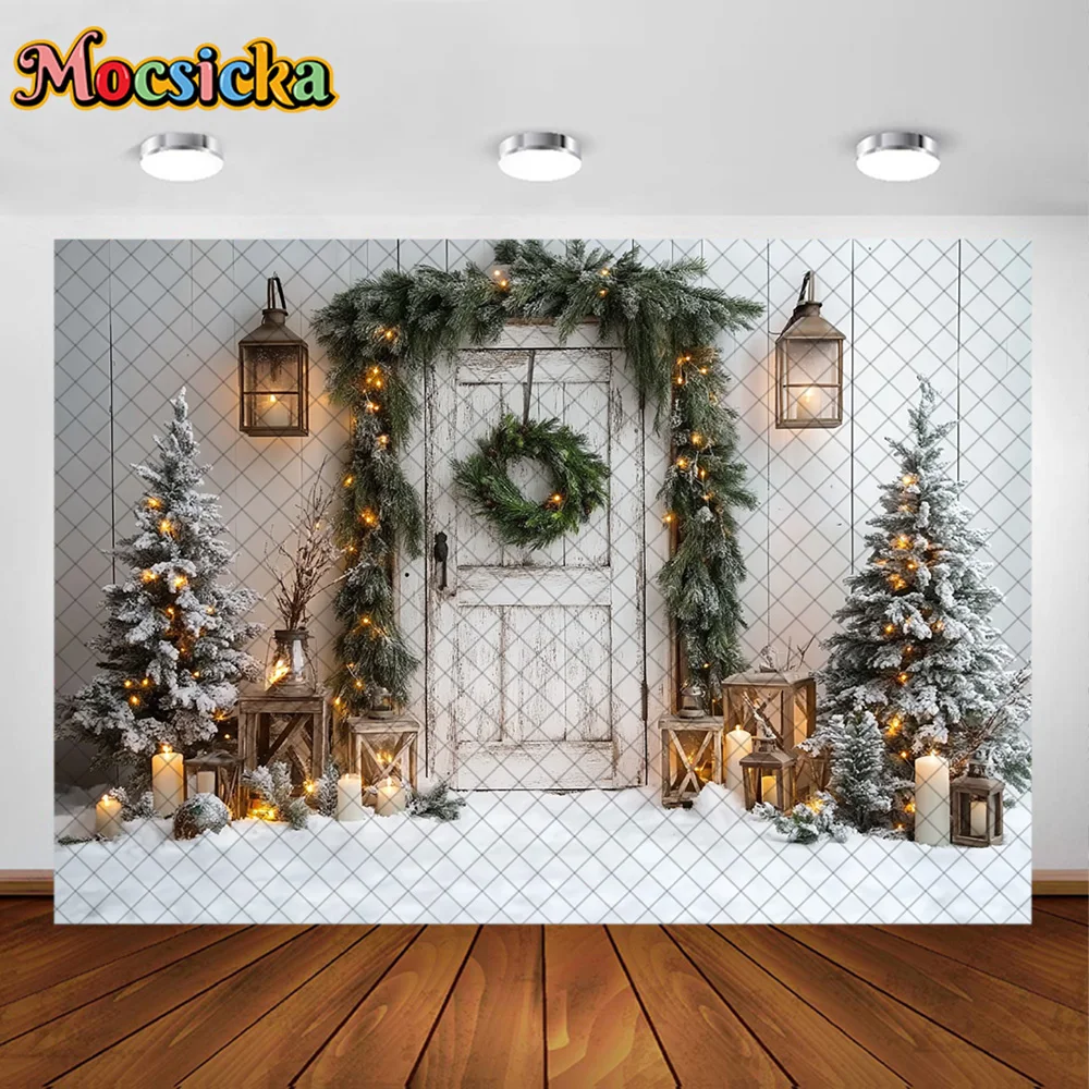 Mocsicka خلفيات للتصوير الفوتوغرافي شجرة عيد الميلاد إكليل الثلوج ديكورا الأسرة عيد الميلاد عطلة صورة خلفيات الصور للصور