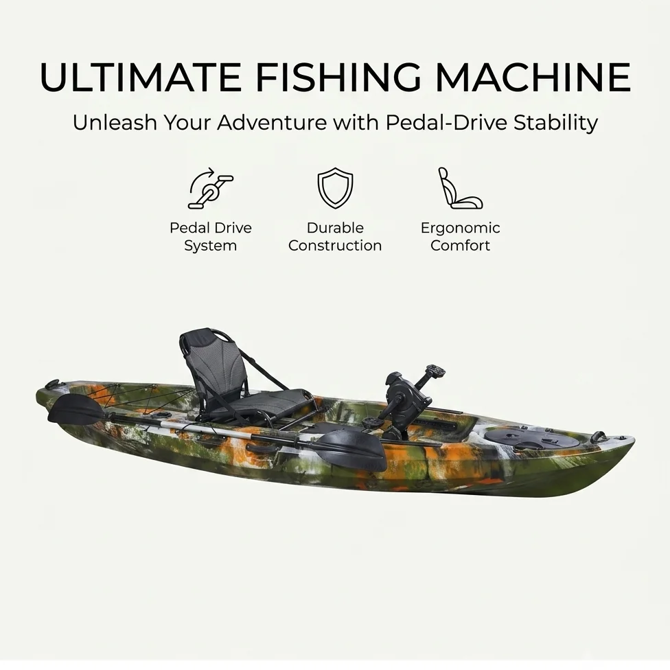 Customizable Camouflage Sit on Top Solo Pedal Drive Fishing Kayak High Back Mesh Seat Ocean Angler Watercraft Boat