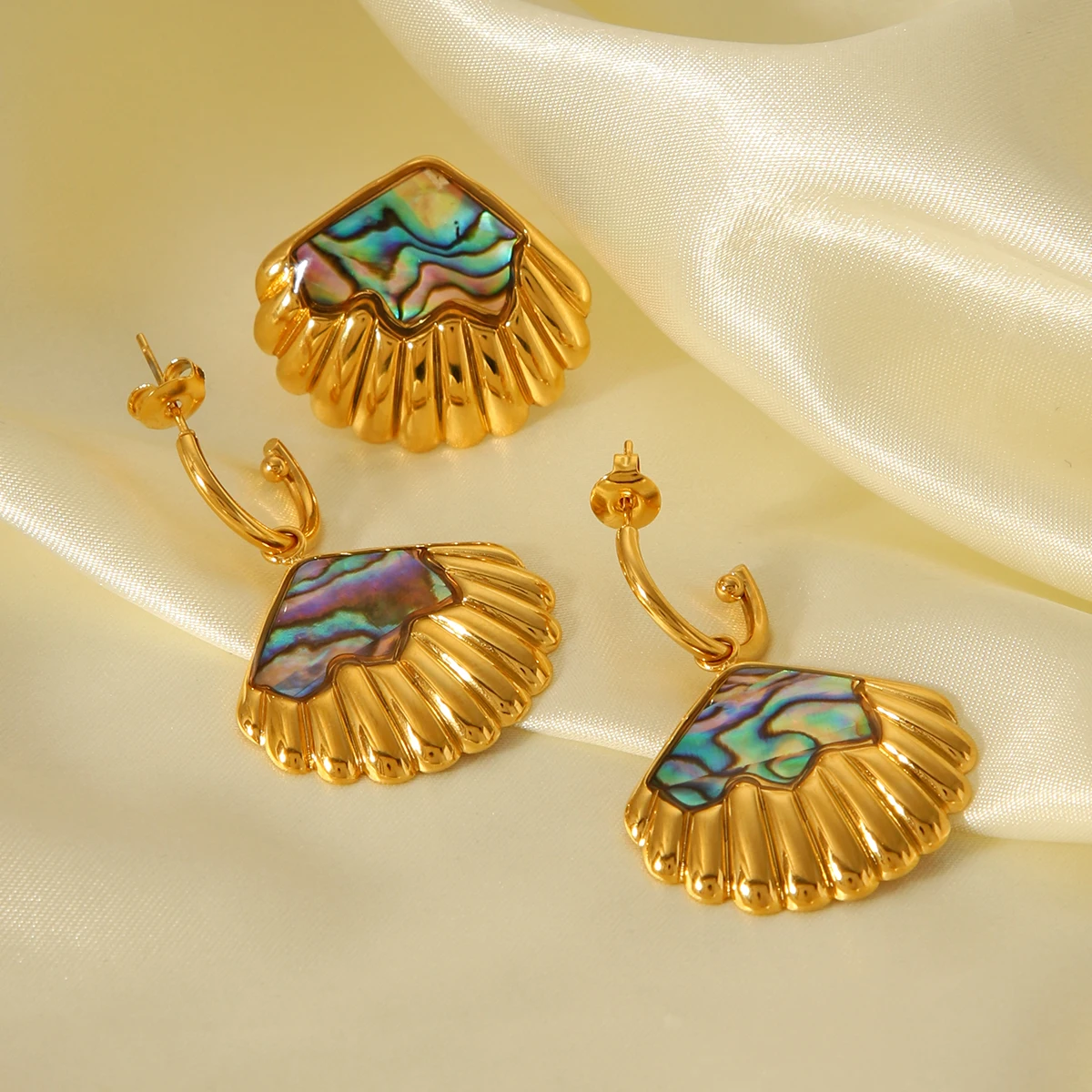 18K vergoldetes Abalone-Muschel-Schmuckset für Damen, Edelstahl-Muschel-Creolen, verstellbarer Ring, Sommer-Strandschmuck – Detail 11