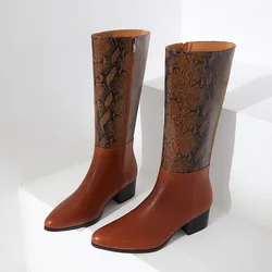 Knee High Men Boots with Heels Autumn Luxury Genuine Leather Fashion Snake Pattern Winter Warm Shoes for Male Brown Boots Zipper