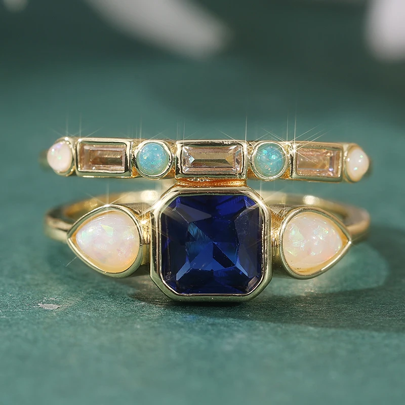 Eleganter Eingelegter Faux-Opan Blauer Zirkon Damenring Trendiger Goldfarbener Geometrischer Alltags- und Partyschmuck Jubiläumsgeschenk – Detail 1