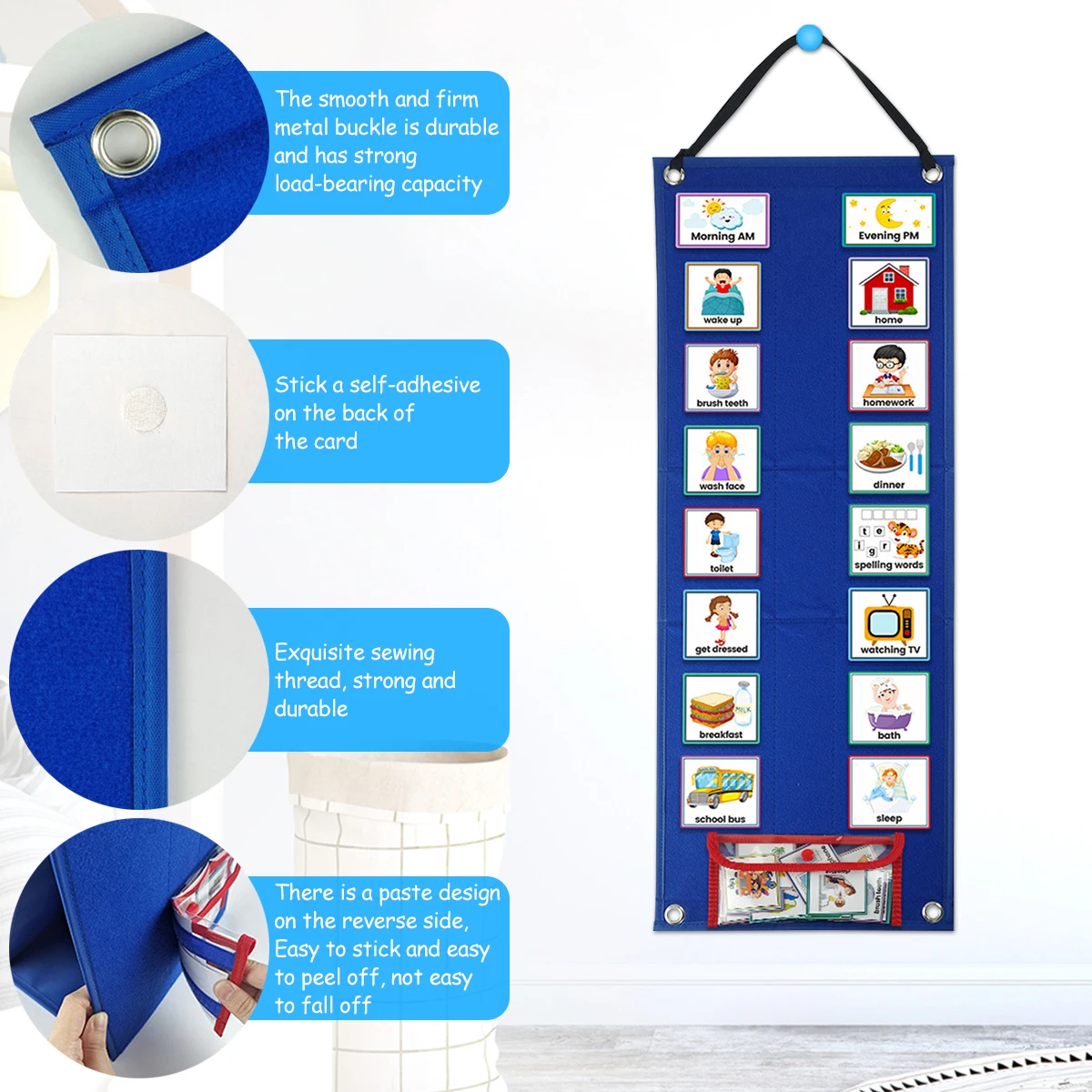 Programma visivo per bambini Grafico dei lavoretti del pianificatore visivo sospeso con 70 carte Giocattolo educativo grafico del calendario di apprendimento magnetico per bambini