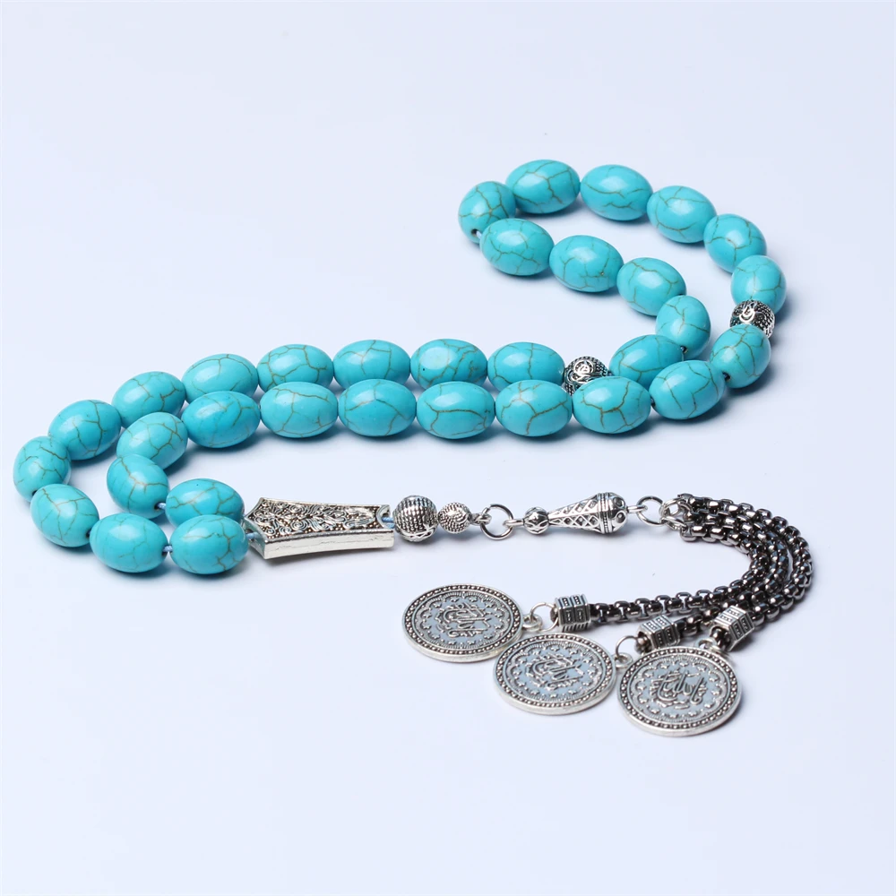 

Muslim Tesbih Allah Jewelry Oval 10*13mm Turquoise Synthetic Stone Silver Tassel Tasbih 33 Prayer Beads Rosary Misbaha