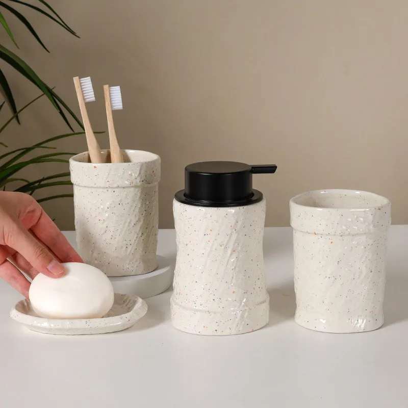 Minimalist Ceramic Bathroom Organizer Set, 4-Piece Soap Dispenser Cup Soap Dish,Brief Style Hotel Home Vanity Tray with Drainage