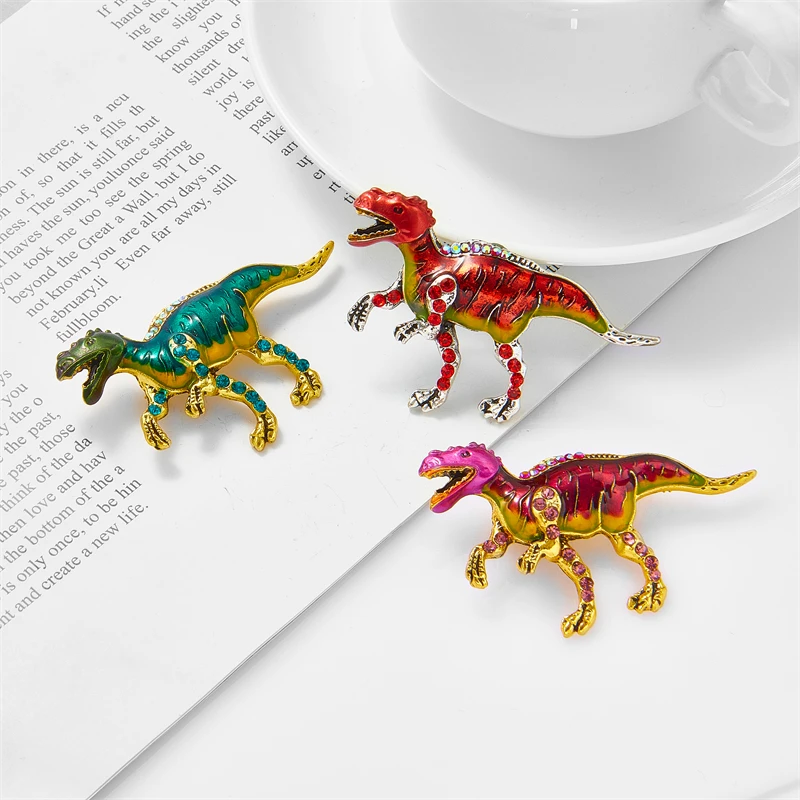 YAOLOGE Alloy Enamel Dragon Brooches For Women Unisex Jurassic Age Dinosaur Rhinestone Badge Pins Party Casual Jewelry Gifts