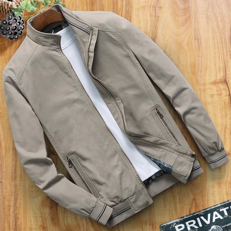 Blouson aviateur militaire en coton pour hommes, manteau à manches longues, coupe-vent à fermeture éclair, col montant solide, vêtements de printemps et d'automne, nouveau