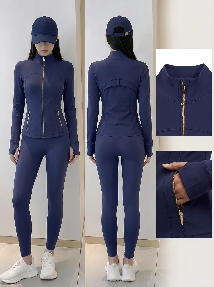 Women's Yoga Same Color New Set Gold Zipper Jacket Slimming Top High Waist Tight Fitness Gym Jogging Underpants