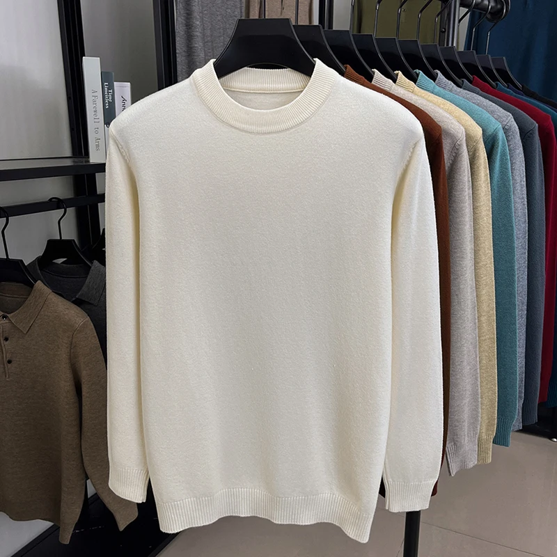 

Men's round neck knitted sweater for autumn and winter 2025, solid color casual warm base shirt