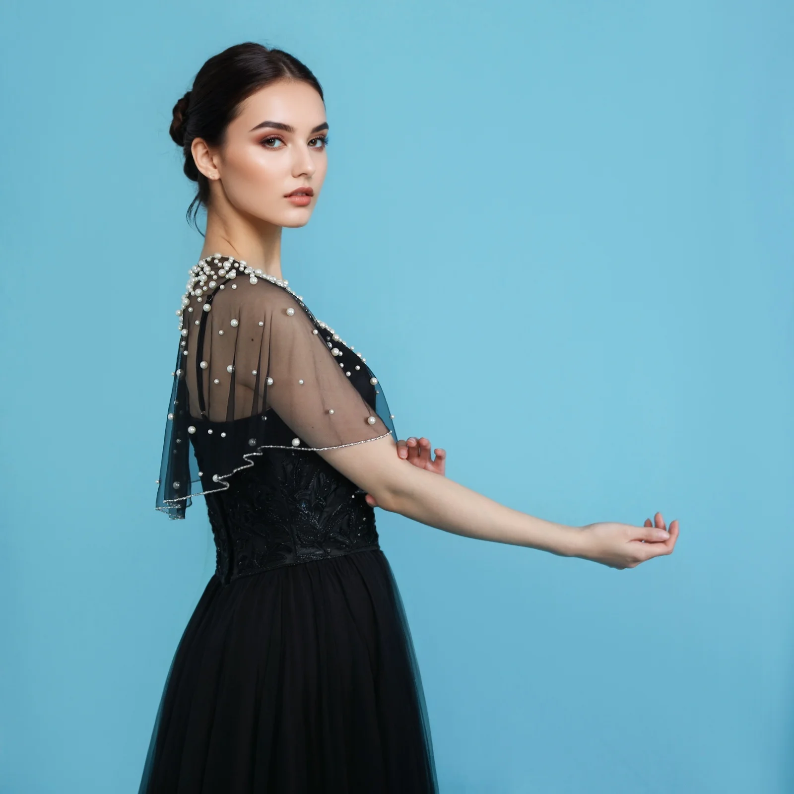 Elegante preto nupcial pérola embelezado sheer tule capa manga curta envoltórios de casamento para noiva ombro capa vestido de festa gp31