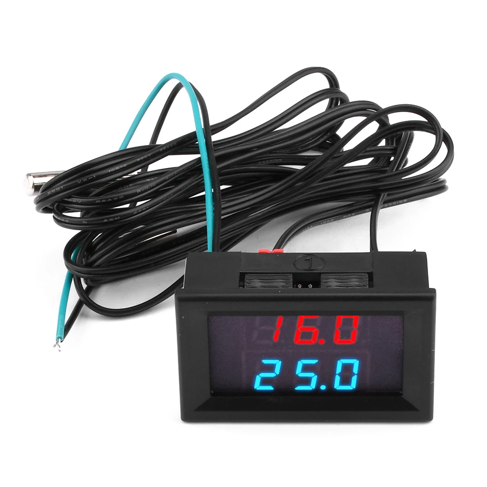 H28TT DC4-28V LED Dual Display Temperature Gauge Sensor -55~+120℃/-67~248℉ Digital Thermometer With 2 NTC Probe for Aquarium