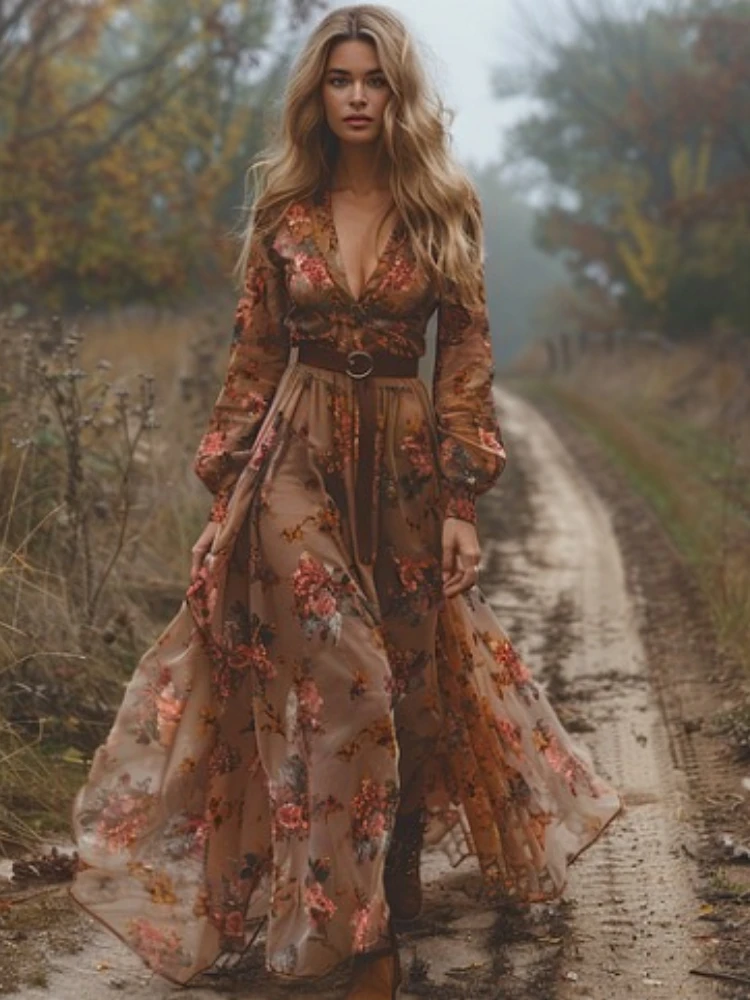 Luksusowa sukienka z kwiatowym nadrukiem w stylu vintage Boho damska plisowana sukienka z dekoltem w szpic z długim rękawem Modne sukienki w kształcie litery A