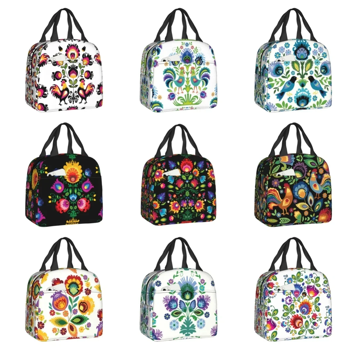 Polish Folk Flowers Print Lunch Bag for Women Waterproof Poland Floral Cooler Thermal Insulated Lunch Box Kids School Food Bags