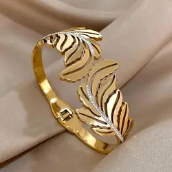 Exquisit Inlaid Rhinestone Feather Leaves Cuff Bracelets Fashion Gold Plated Stainless Steel Smooth Bangles Waterproof Jewelry
