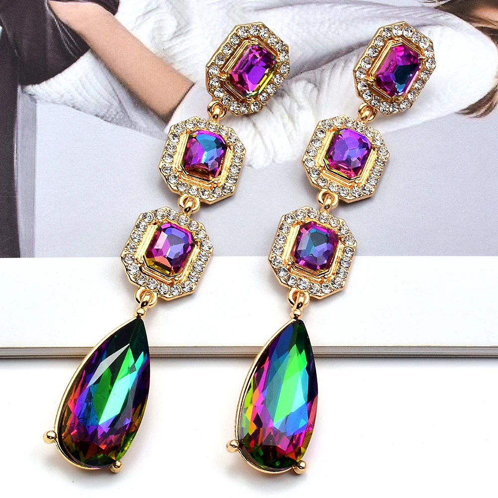 Trendy Exaggerated Rhinestone Geometric Long Drop Earrings Wedding Glass Dangle Earrings Women\'s Jewelry