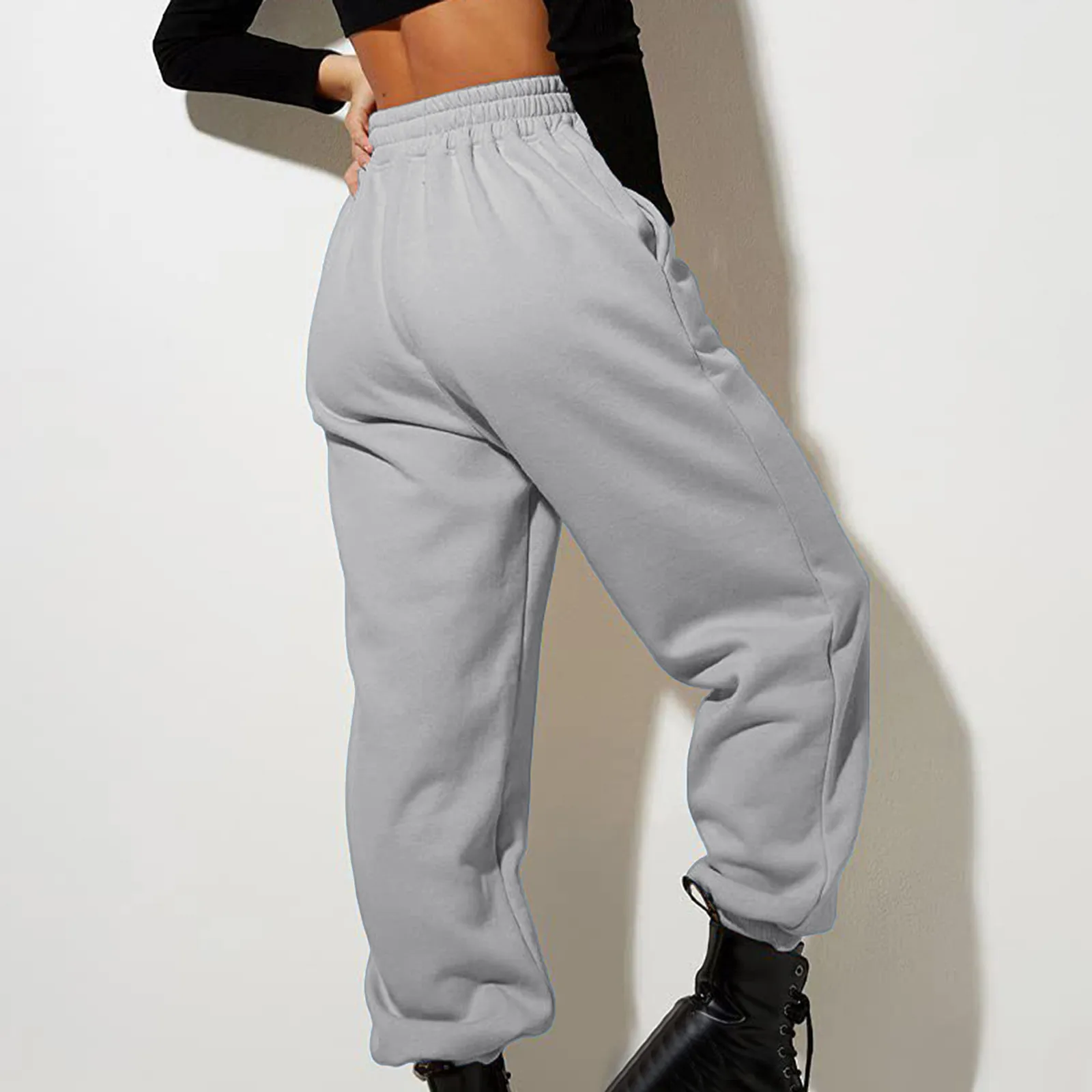 Women Gray Sweatpants Fleece Lined Wide Leg Straight Pants Oversized Bottom Sweatpants Joggers High Waist Baggy Pockets Pants