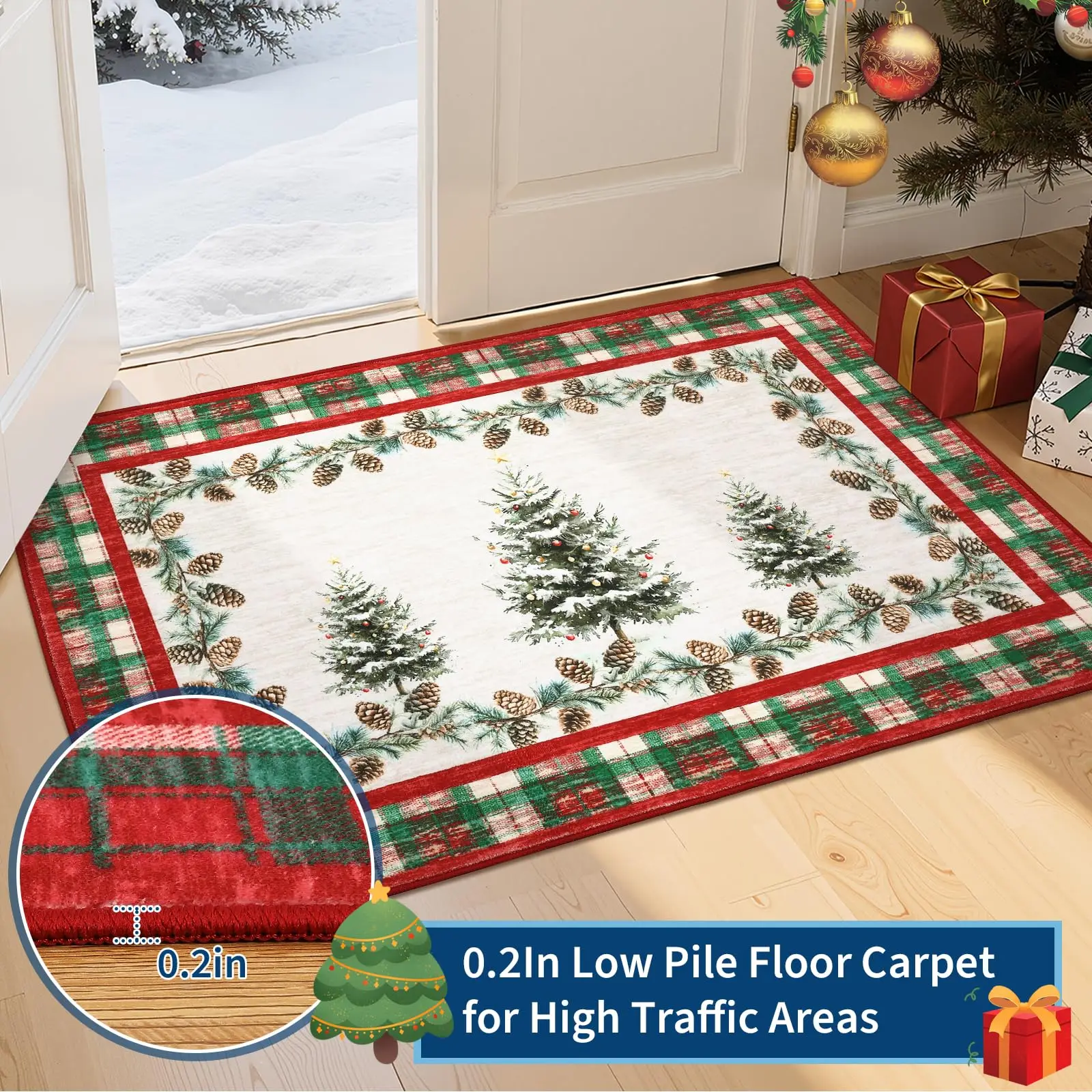 VIKAMA Christmas Area Rug 2x3 Non Slip Washable Entryway Indoor Kitchen Rugs Christmas Tree Print Low-Pile Door Mat Home Decor