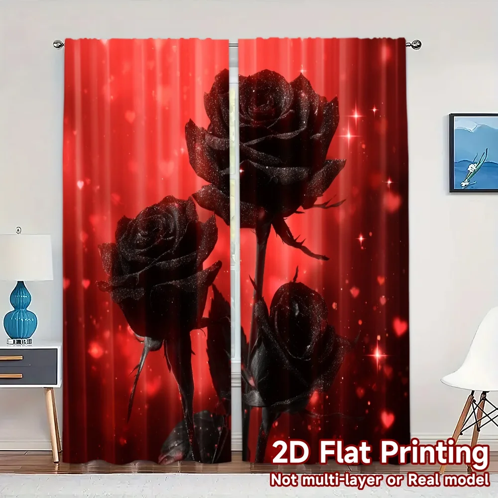 2pcs, 2D FLAT PRINTING Curtains (Without Rod) Midnight Roses Modern Fashionable Curtains Versatile Polyester Curtains Thermal