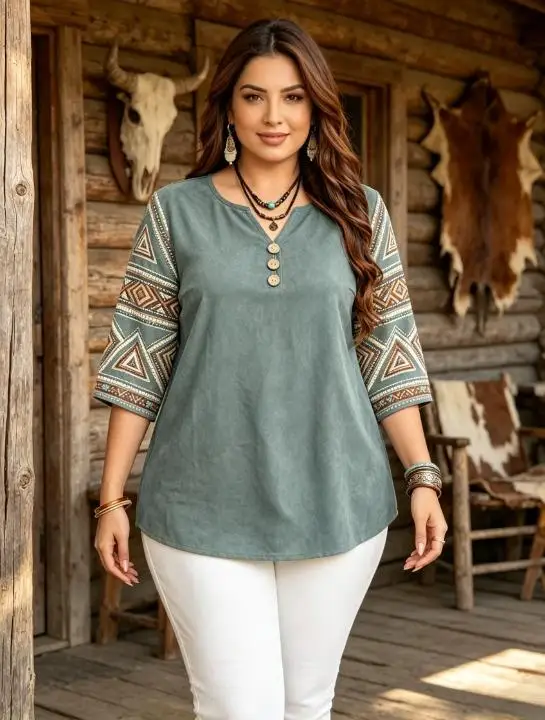 Boho Western Tribal Geometric Triangle Spliced Sleeve Women Blouse 3/4 Notch V Neck Decor Button Casual Shirts