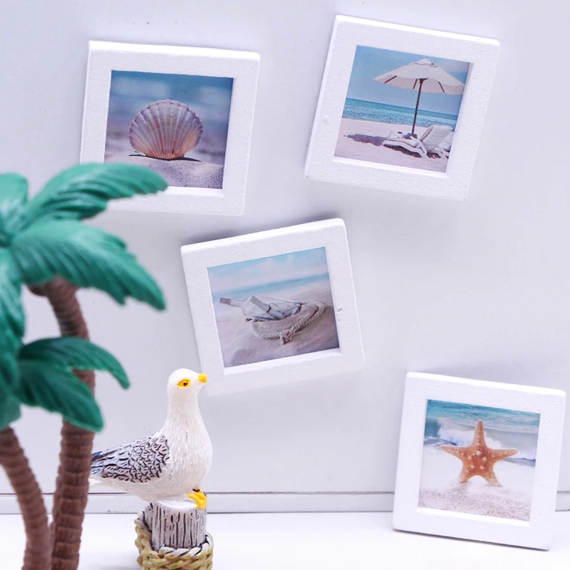 4/9Pcs 1:12 Dollhouse Miniature Summer Beach Photo Frame Landscape Mural Wall Decoration Model Decor Toy Doll House Accessories