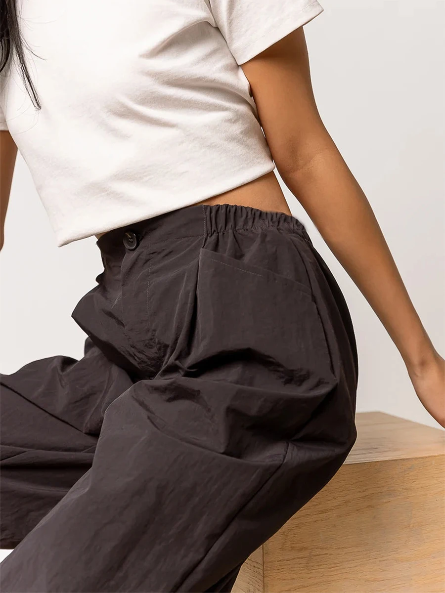 Pantaloni Cargo elasticizzati a vita alta pantaloni larghi da donna con tasche Multiple vestibilità rilassata pantaloni dritti a gamba larga Y2K