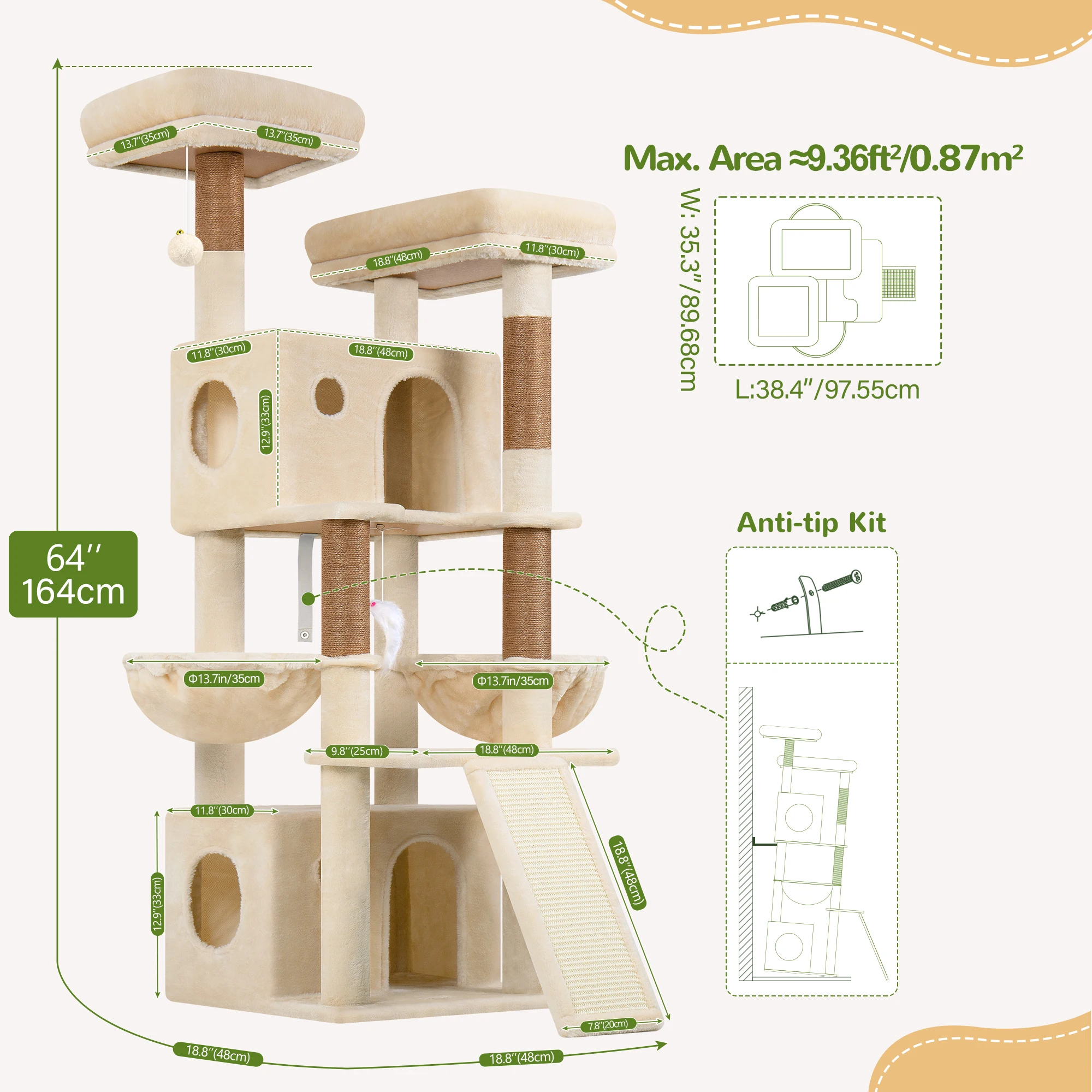 Globlazer 64 Inch Cat Tree for 2 3 Medium Large Cats Multi Level Cat Tower Condo with Scratching Post Board 2 Hammocks 2 Perches Small Footprint
