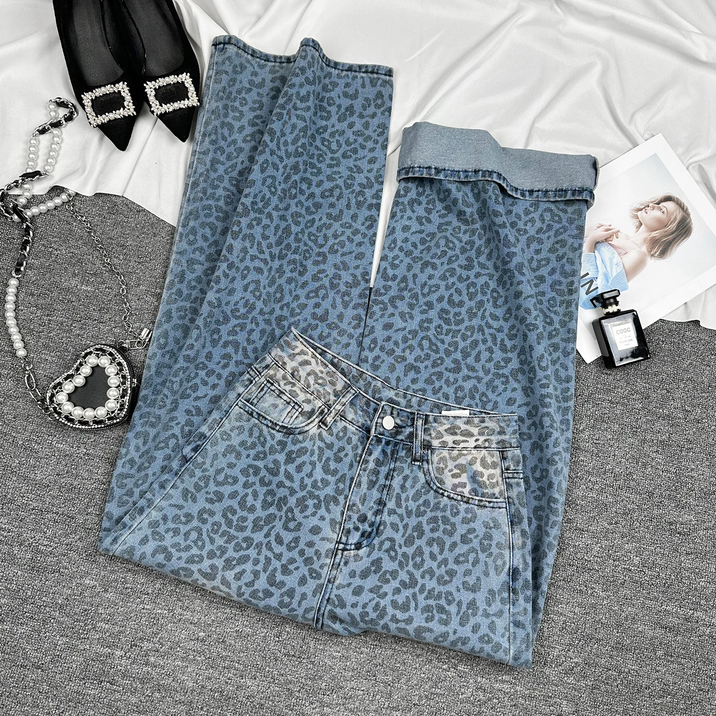 

Женские синие джинсы с леопардовым принтом и высокой талией, модные широкие джинсовые брюки, американские уличные винтажные женские свободные брюки